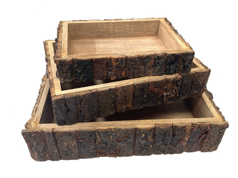WOOD BARK BOXES S/3 - RECTANGULAR
