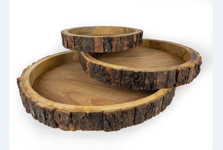 WOOD BARK ROUND TRAYS S/3